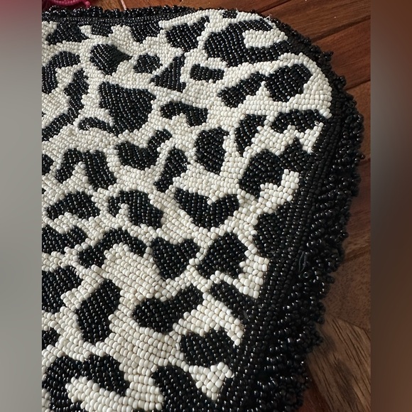 Anthropologie Black & White Beaded Leopard Clutch with Pink Tassel - Picture 9 of 13